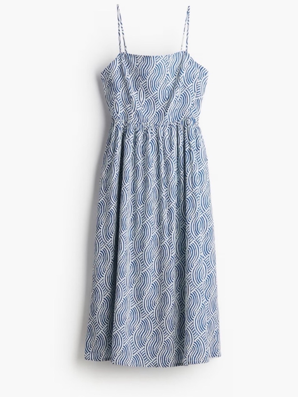 NWT H&M Blue White Patterned Strappy Linen Blend Midi Dress XXL